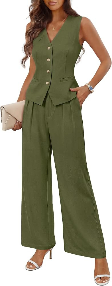 MEROKEETY Women's 2 Piece Outfits Summer 2026 Sleeveless Suit Vest Wide Leg Pants Business Work C... | Amazon (US)