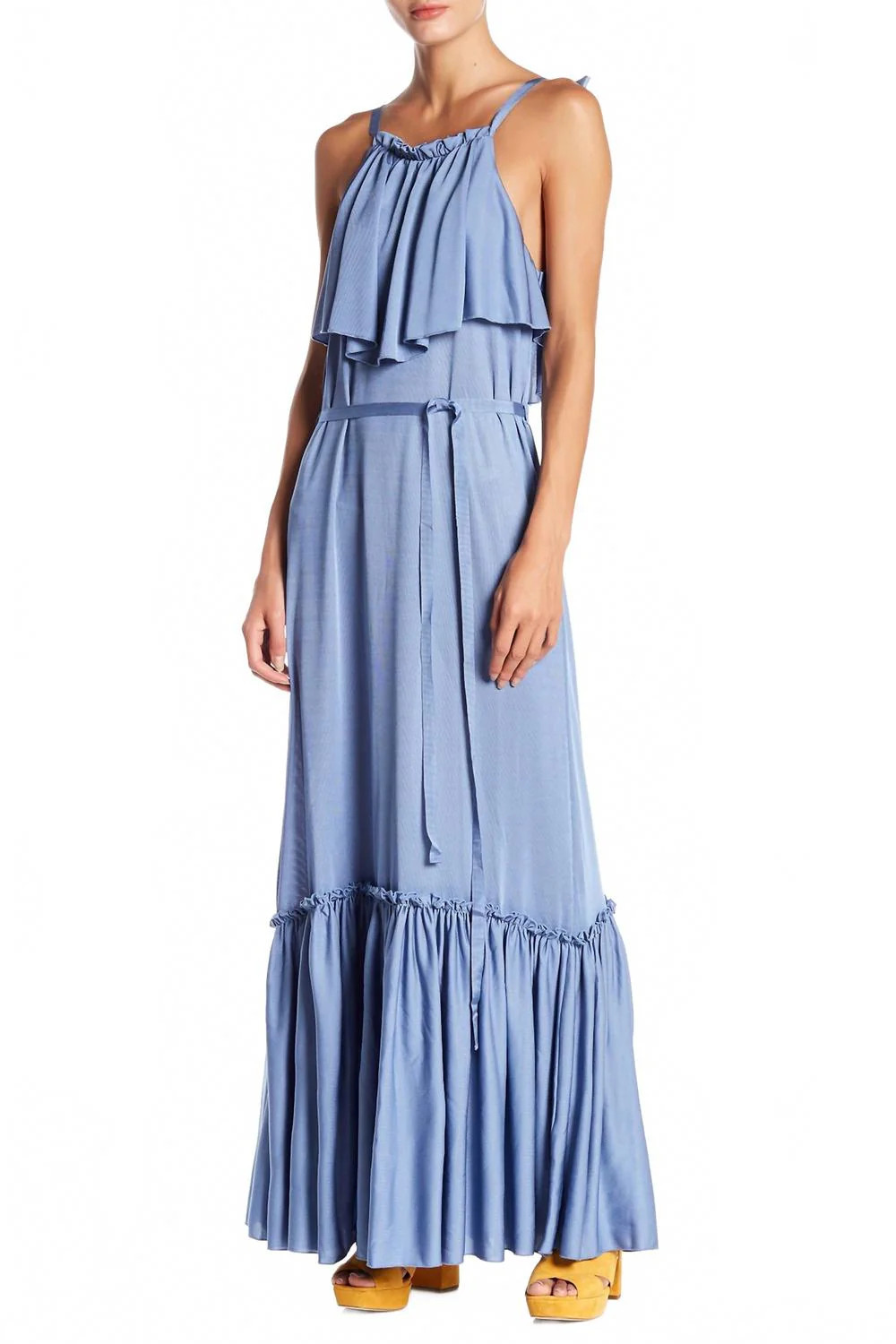 Ruffle Sleeveless Strappy Popover Maxi Dress In Blue | Shop Simon