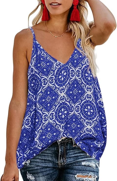TECREW Women's Boho Floral V Neck Spaghetti Straps Tank Top Summer Sleeveless Shirts Blouse | Amazon (US)