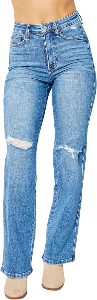 Judy Blue Women's High Rise Tummy Control Solid Five Pocket Straight Jeans | Amazon (US)