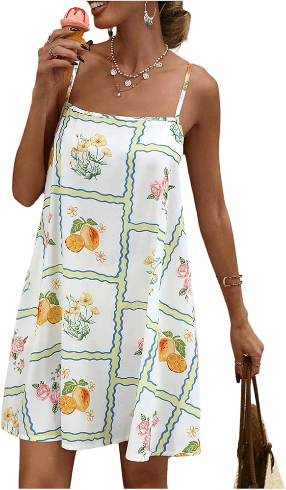 SOLY HUX Women's Sundress Floral Graphic Mini Dress Spaghetti Strap Summer Vacation Boho Cami Dre... | Amazon (US)
