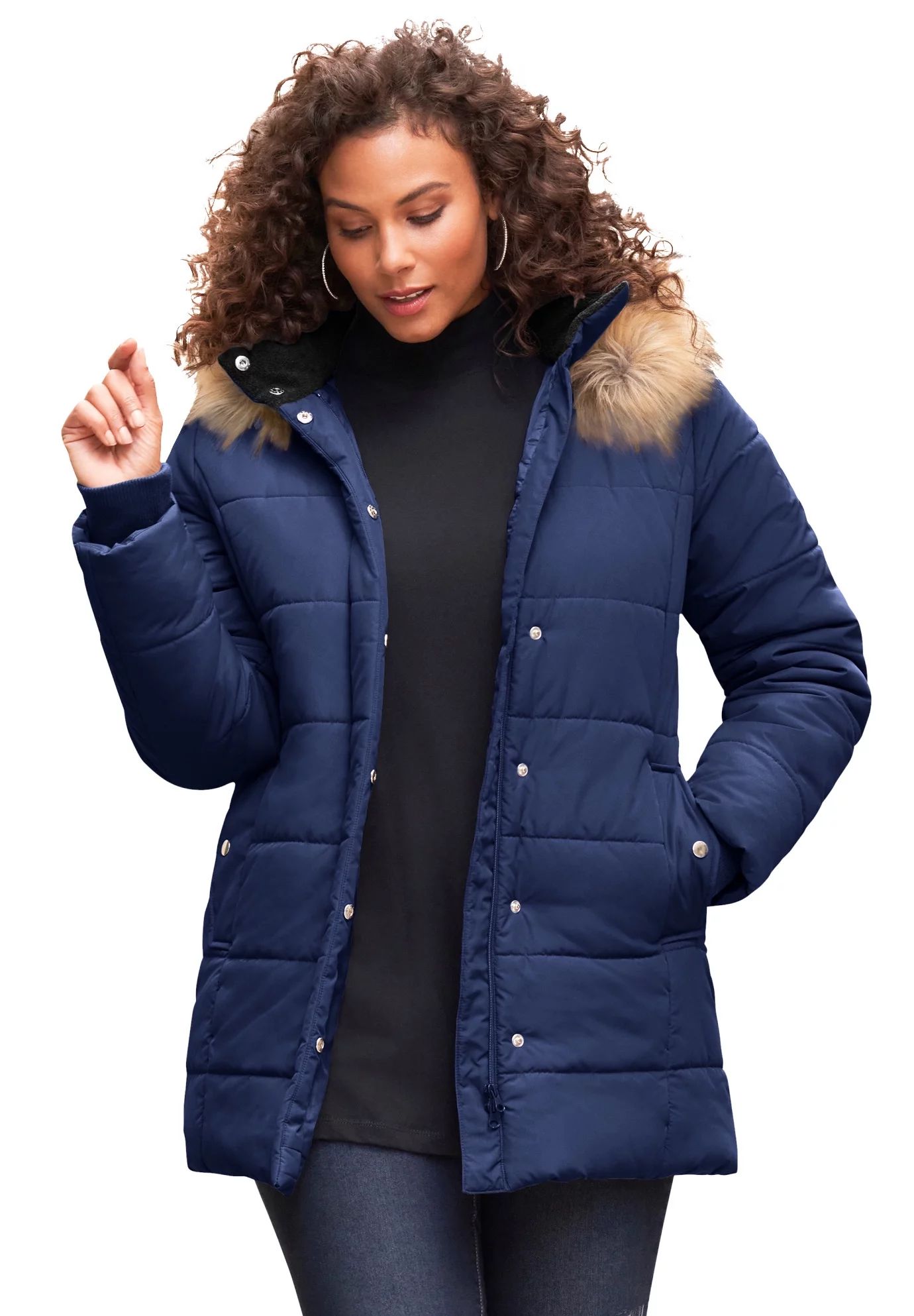 Roaman's Women's Plus Size Classic-Length Puffer Jacket With Hood Winter Coat - 4X, Evening Blue ... | Walmart (US)