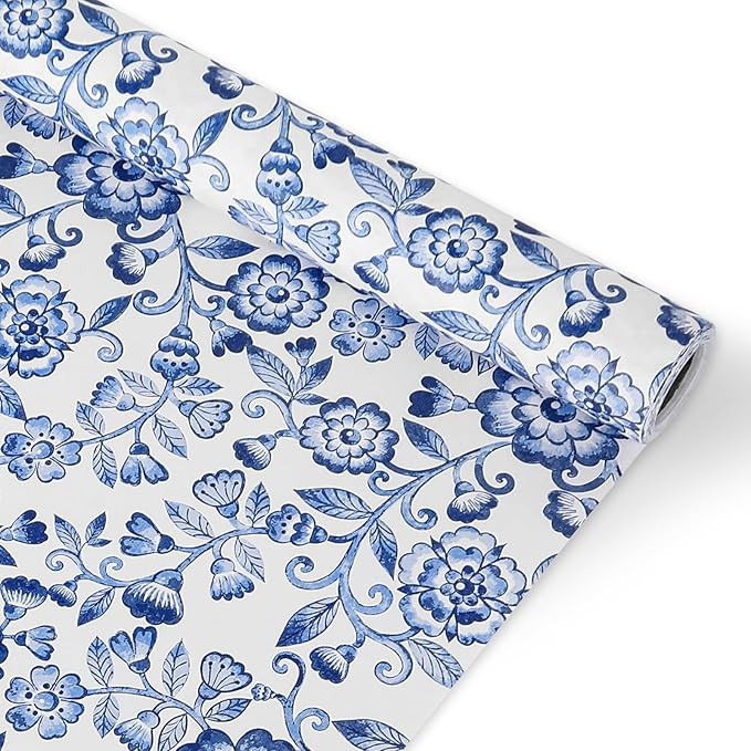 JarThenaAMCS Blue White Floral Wrapping Paper Mini Roll 17in x 32.8Ft Vintage Flowers Gift Wrap P... | Amazon (US)