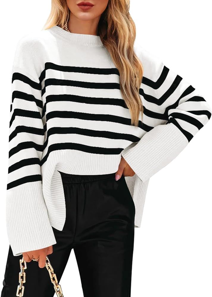 Imily Bela Womens 2023 Oversized Striped Sweater Crew Neck Long Sleeve Color Block Knit Side Slit... | Amazon (US)