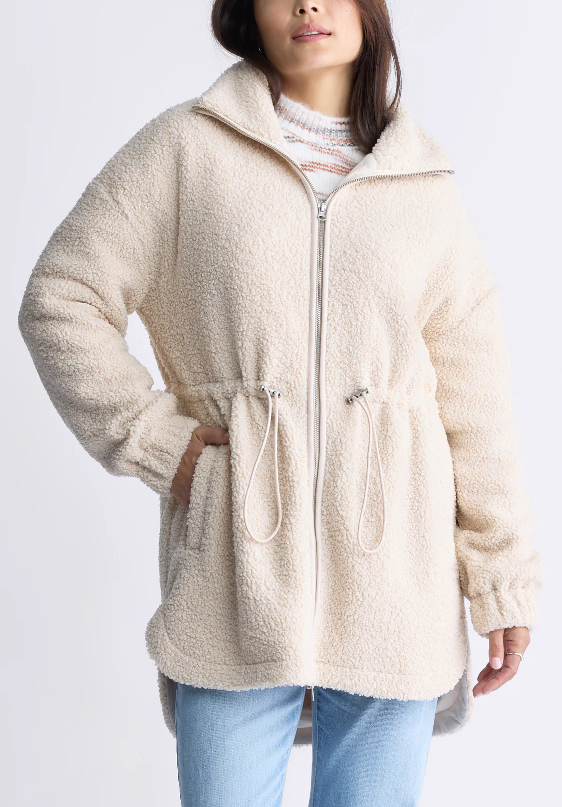 Citra Women's Cinch-Waist Full-Zip Sherpa Coat, Oatmeal - JK0038F | Buffalo David Bitton