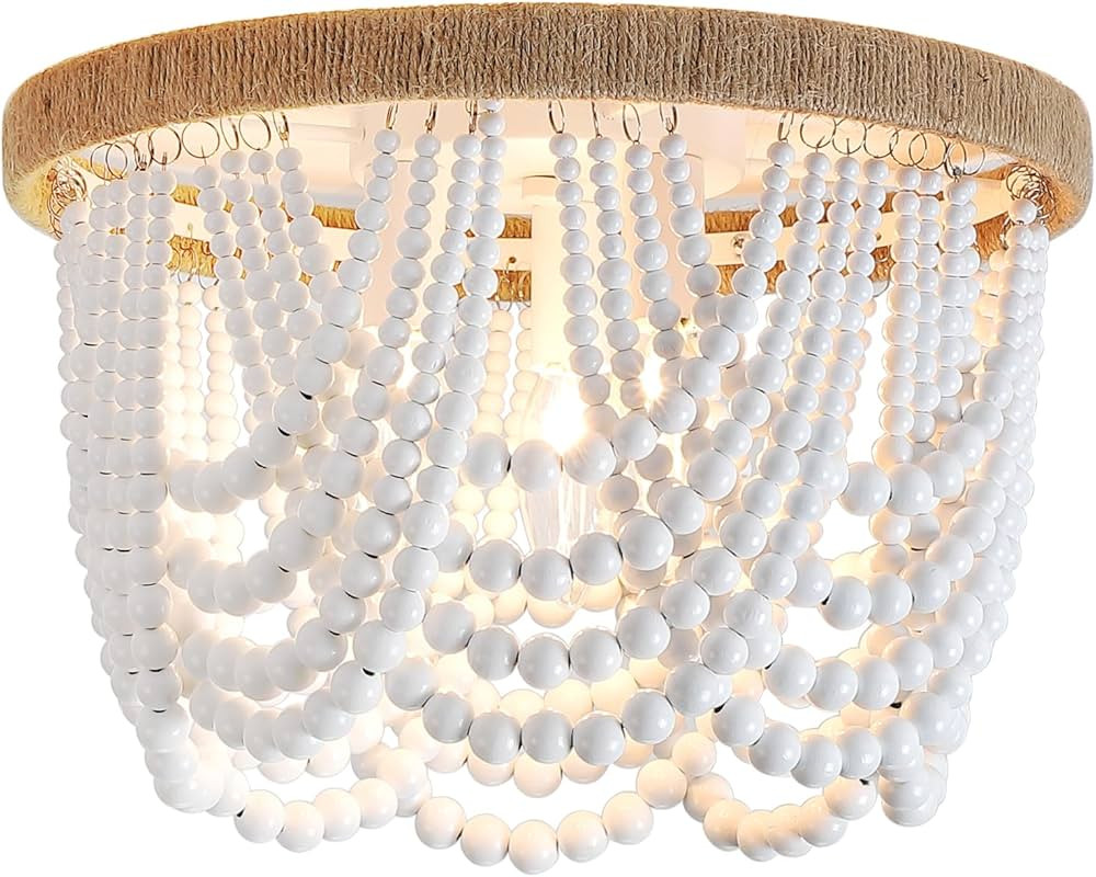 Boho Farmhouse Light fixtures,DIKAIDA White Wood Beaded Chandelier,Finish 3-Light Semi Flush Moun... | Amazon (US)