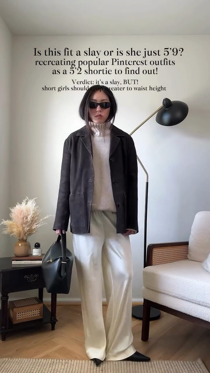 The quiet luxury care package: funnel-neck sweater, suede blazer, AND satin trousers? 🙈 ugh I had so much fun recreating this popular influencer and Pinterest outfits 🤍 If you ask me, there is for SURE styling tips that can make this outfit shine on short girls, so pay attention to my short girl tips in the video 🕰️! 

🔗 Outfit specifics always linked in bio → LTK @amandacapsulewardrobe
⸻

#recreatingpinterestoutfits #quietluxurystyle #pintereststyle #shortgirlstyle #capsulecloset recreating Pinterest outfits, recreating popular Pinterest style, recreating influencer outfits, is it the outfit or is she just tall, Pinterest outfit inspiration, elegant style, capsule closet inspiration, how to style a button turtleneck, how to style a suede blazer, chic outfit inspo, transitional weather outfit ideas, Lilysilk silk satin trousers, Pinterest outfit inspo, short girl styles, petite styling, 5’2” height, bias trousers, satin trousers, timeless outfit ideas, Massimo dutti suede blazer