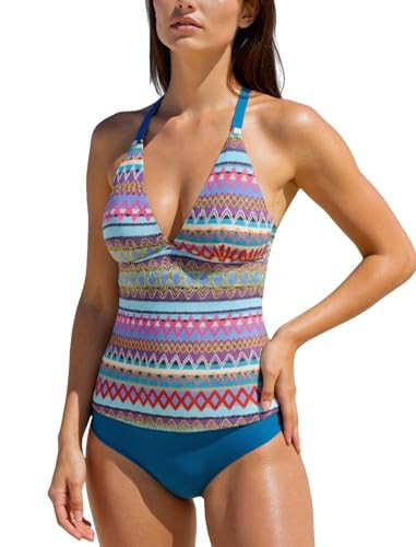 ZAFUL Women's Tankini Swimsuit Tiered Ruffle Top Backless High Waist Bikini Set 2 Piece Bathing Suit Summer Beachwear (3-Blue and Purple, S) | Amazon (US)