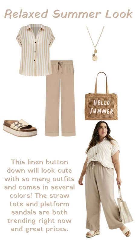 Relaxed summer outfit! Perfect for the beach, running errands, or traveling! 
…………
linen pants wide leg pants button down shirt short sleeve button down madewell dupe linen top linen outfit linen shirt linen slacks casual outfit summer outfit casual look summer look vacation outfit vacation look resort wear resort outfit resort look slides Steve Madden dupe summer tote straw tote summer purse summer bag summer shoes summer sandals summer clothes tan sandals platform sandals tan linen pants tan pants plus size outfit plus size Summer outfit plus size linen pants plus size linen outfit striped button down plus size summer look neutral look capsule wardrobe outfit kohl’s finds kohls finds kohls new arrivals outfit under $50 outfit under $100 neutral outfit classic outfit simple outfit basics best basics work outfit work look 

#LTKFindsUnder50 #LTKPlusSize #LTKStyleTip