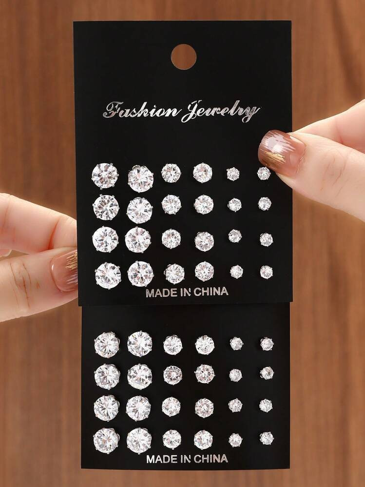 12 Pairs Of Luxurious, Simple, Shiny Geometric Cubic Zirconia Decorative Earrings Suitable For Gi... | SHEIN