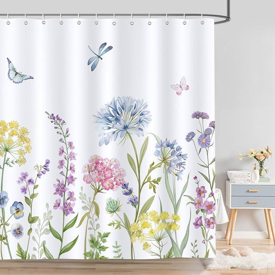 Bonhause Spring Floral Shower Curtain, Pink Yellow Blue Flowers Hydrangea Butterfly Plants Bathro... | Amazon (US)