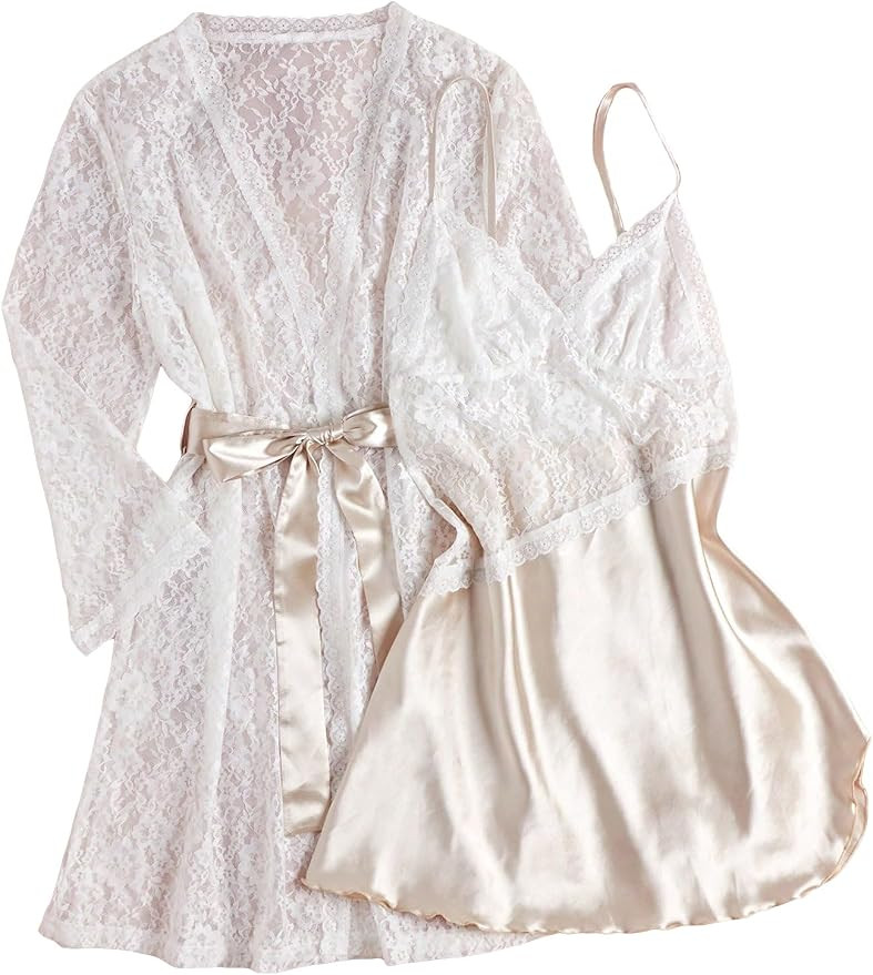 Verdusa Women's 2 Piece Sleepwear Floral Lace Satin Nightgown and Robe Sets | Amazon (CA)