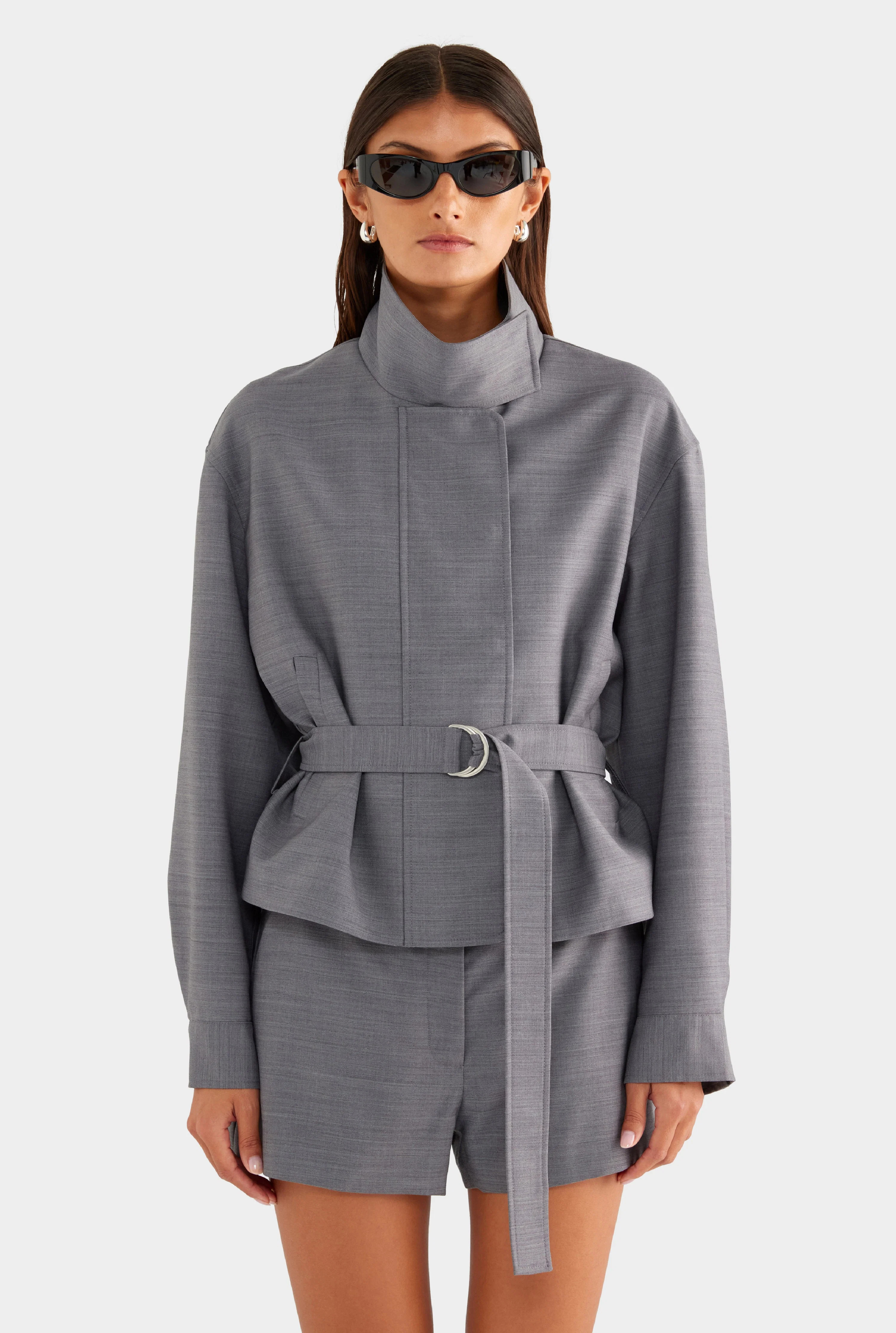 Wool Funnel Neck Jacket Charcoal Marl | Venroy | Venroy AU
