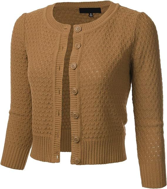 FLORIA Women's Button Down 3/4 Sleeve Crew Neck Cotton Knit Cropped Cardigan Sweater (S-3X) | Amazon (US)