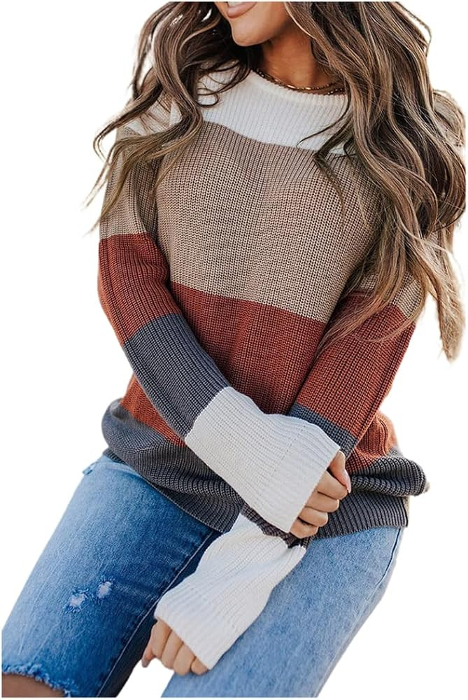 Women's Autumn and Winter Fashion Casual Crewneck Colorblock Knitted Pullover Waffle Tops | Amazon (US)