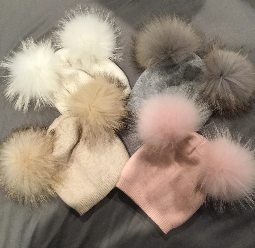 Children's Double Real Fur Pom Pom Winter Hat - Etsy | Etsy (US)