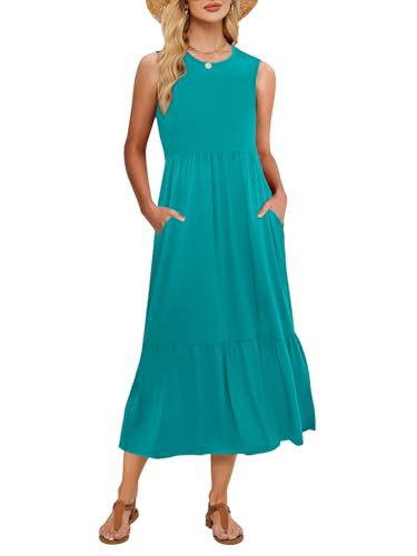 Gracyoga Women's Summer Maxi Dress 2025 Casual Sleeveless Crewneck Aline Flowy Tiered Long Beach Dresses with Pockets Lake Green Medium | Amazon (US)