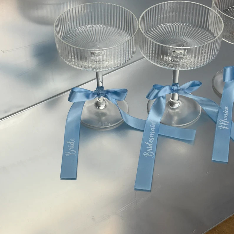 Wine Glass Bow Personalised 20mm & 25mm Blue Satin Ribbon With White Heart Font Text Coquette Pla... | Etsy (US)