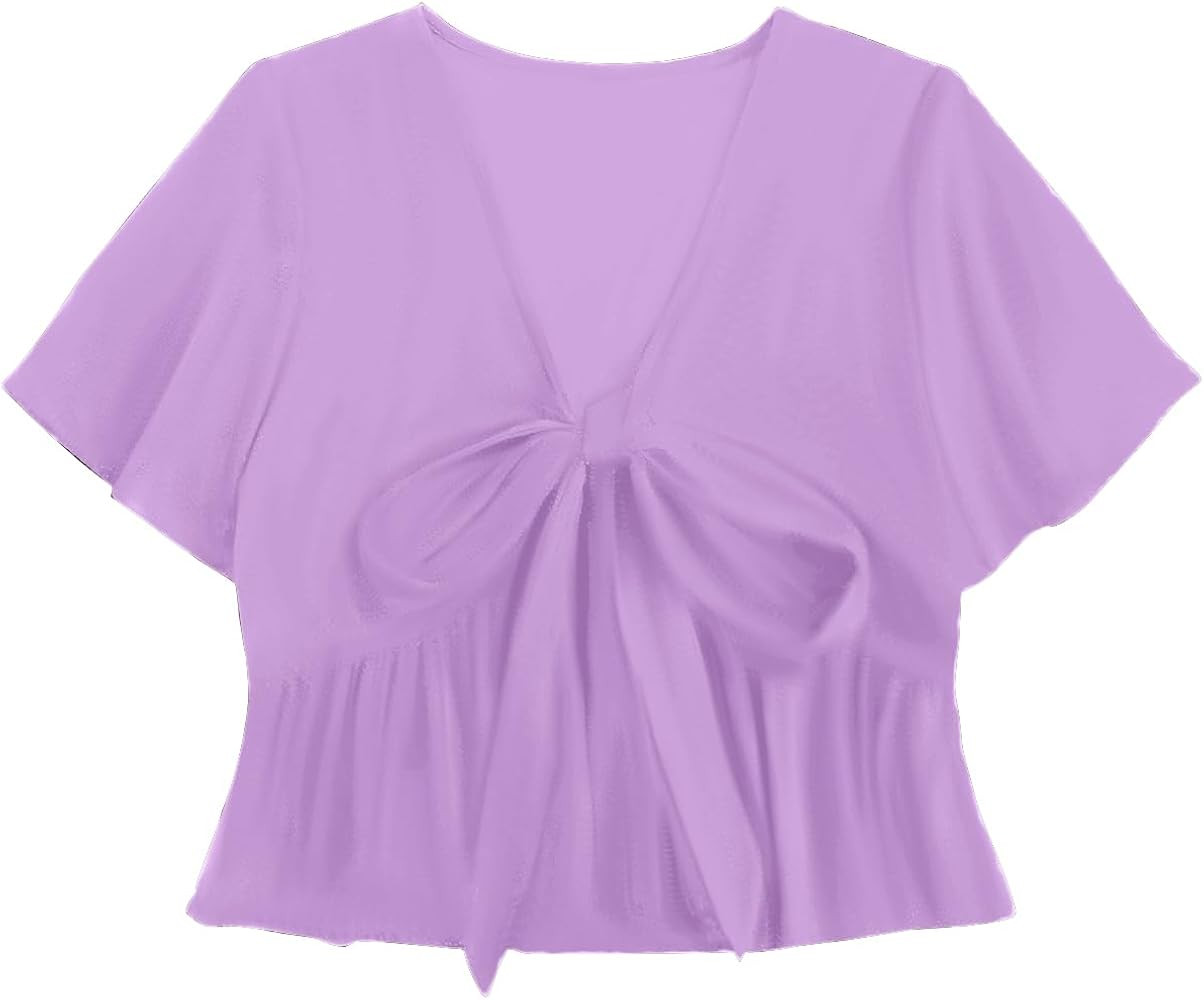 LYANER Women's Floral Print V Neck Tie Knot Ruffle Hem Short Sleeve Blouse Peplum Top | Amazon (US)