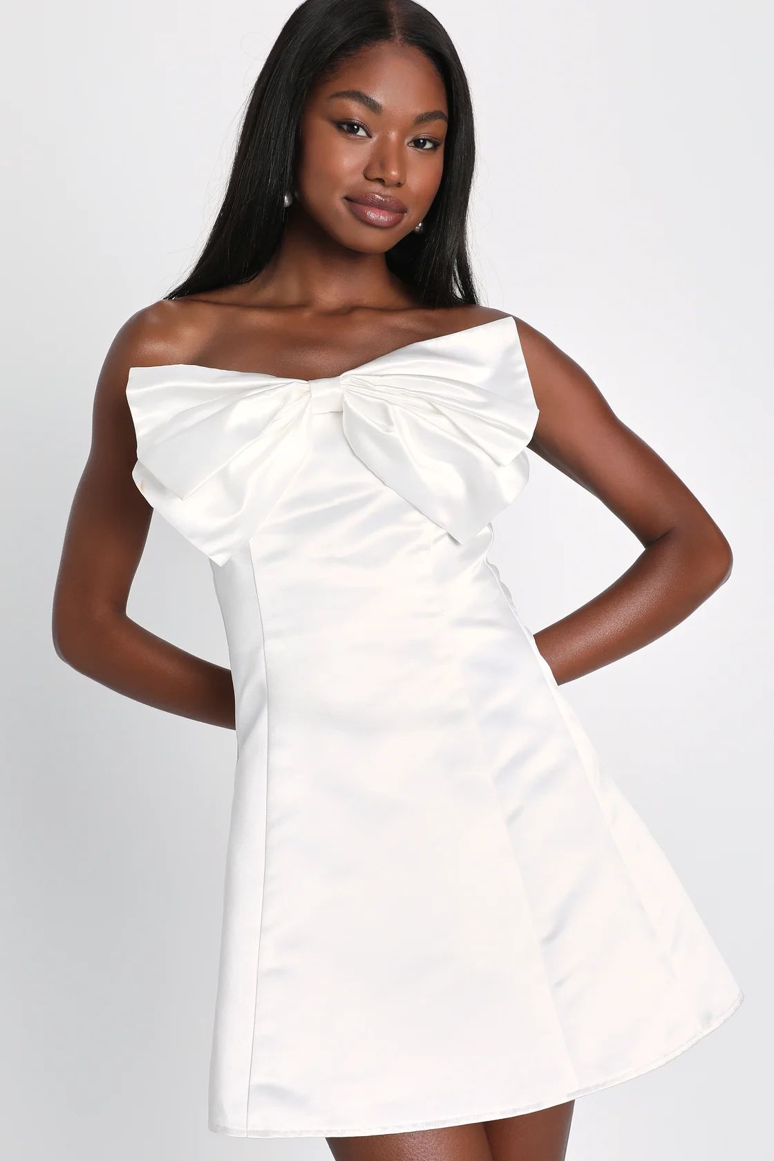 Precious Present White Satin Strapless Bow Mini Dress | Lulus (US)