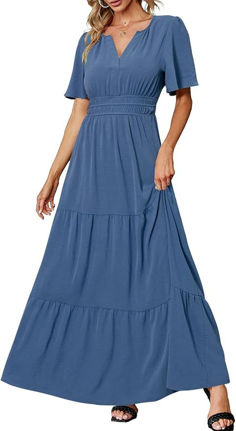 Amegoya Women's Summer Boho Maxi Dresses Casual V Neck Short Sleeve A-line Empire Waist Long Flow... | Amazon (US)