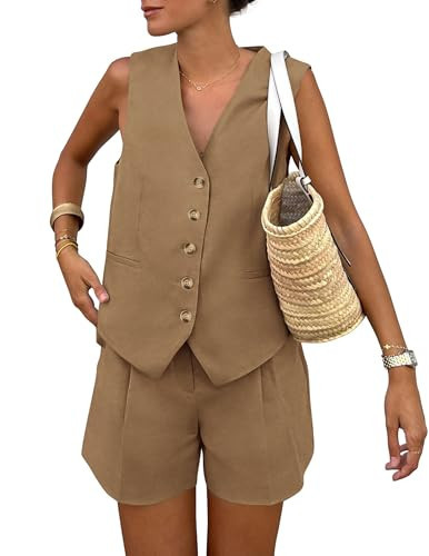 PRETTYGARDEN Women's Summer 2 Piece Outfits Sleeveless Matching Sets Button Down V Neck Vest Waistcoat and Pockets Shorts (Coffee,XX-Large) | Amazon (US)