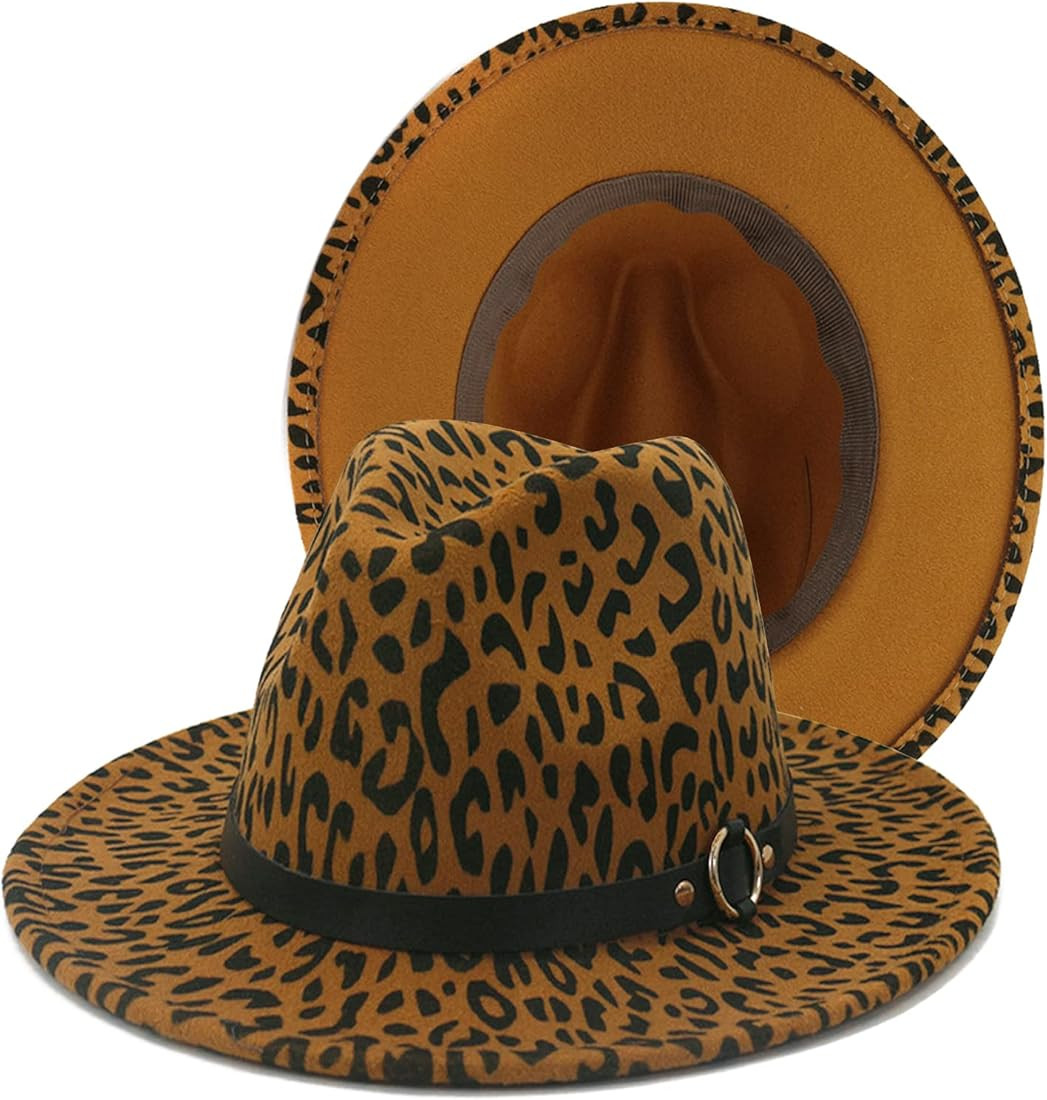 Women's Wide Brim Felt Fedora Panama Hat with Leopard Belt Buckle | Amazon (US)