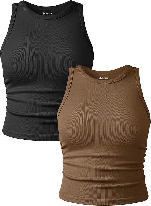 OQQ Women's 2 Piece Tank Tops Crew Neck Sleeveless Basic Stretch Casusal Yoga Crop Camis | Amazon (US)
