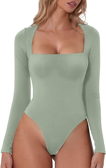 QINSEN Women's Sexy Square Neck Bodysuit Long Sleeve Double Shirt Tops | Amazon (US)