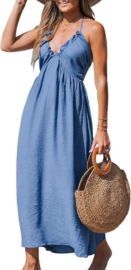 CUPSHE Women's Backless Paisley Floral Beach Dress Halter Neck Ruffle Plunging V Spaghetti Straps... | Amazon (US)