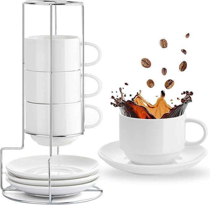 Mfacoy 8 Ounce Porcelain Cappuccino Cups with Saucers and Metal Stand, Stackable Coffee Cups for ... | Amazon (US)