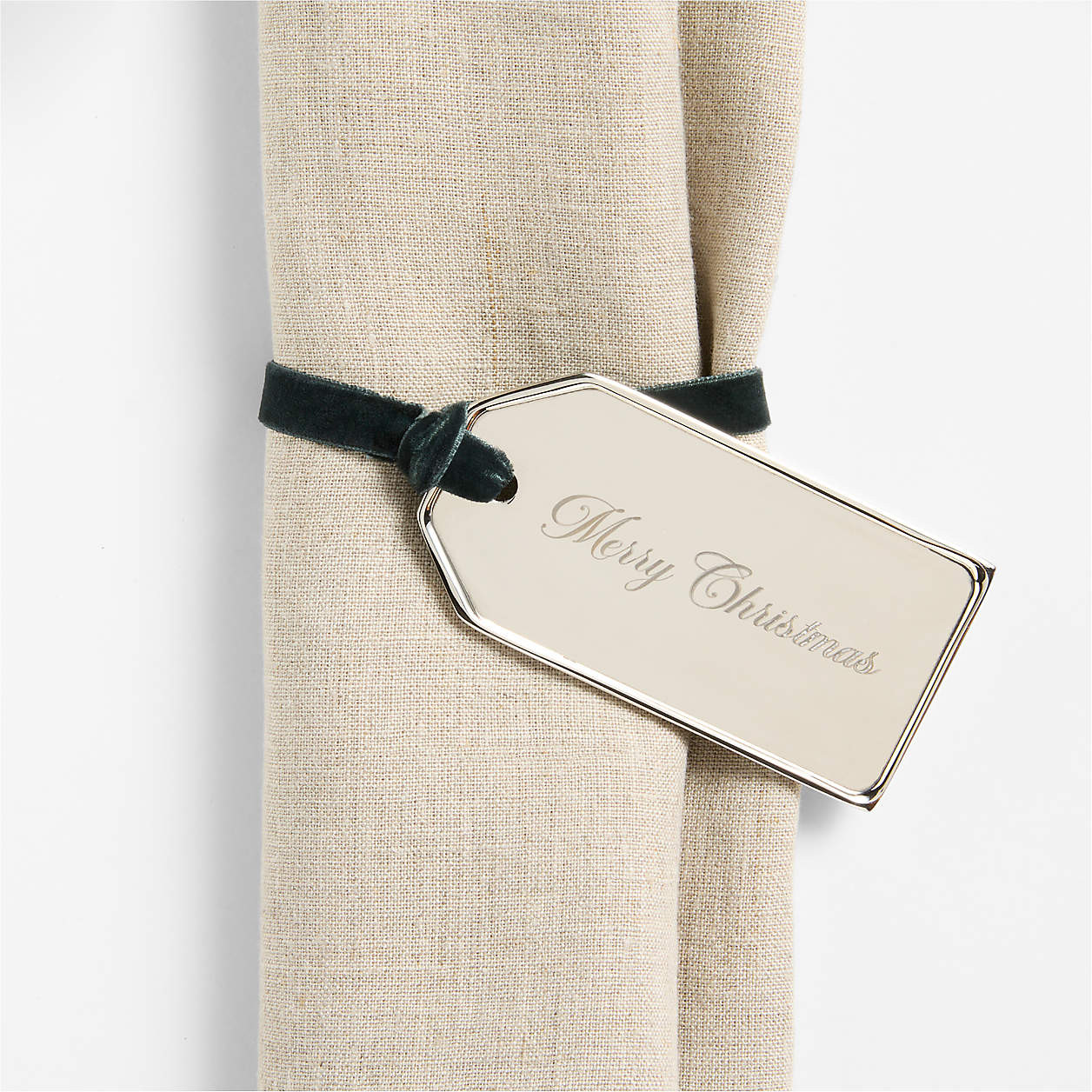 Merry Christmas Chrome Gift Tag Napkin Ring | Crate & Barrel | Crate & Barrel