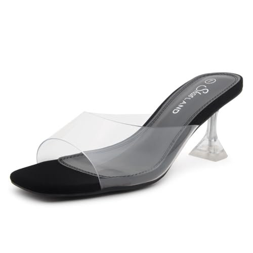 Shoe Land Clear Heels for Women | Kitten Heeled Slides with Square Open Toe | Low Transparent Mules Slip-On Dressy Clear Sandals for Prom, Party & Formal Events, ClearBlack, Size 11.0, Celebrate | Amazon (US)