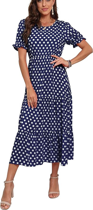 GRECERELLE Women's 2024 Spring Summer Casual Loose Crewneck Boho Dress Ruffle Puff Sleeve High Wa... | Amazon (US)