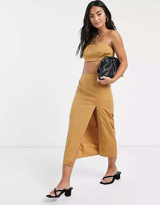 ASOS DESIGN 3 piece suit midi skirt in camel pinstripe | ASOS (Global)