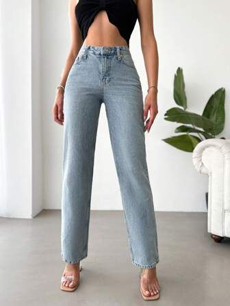 Cottnline Jeans mit geradem Beinschnitt, hoher Taille, | SHEIN