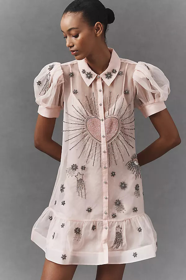 Maeve Short-Sleeve Embellished Mini Shirt Dress | Anthropologie (US)