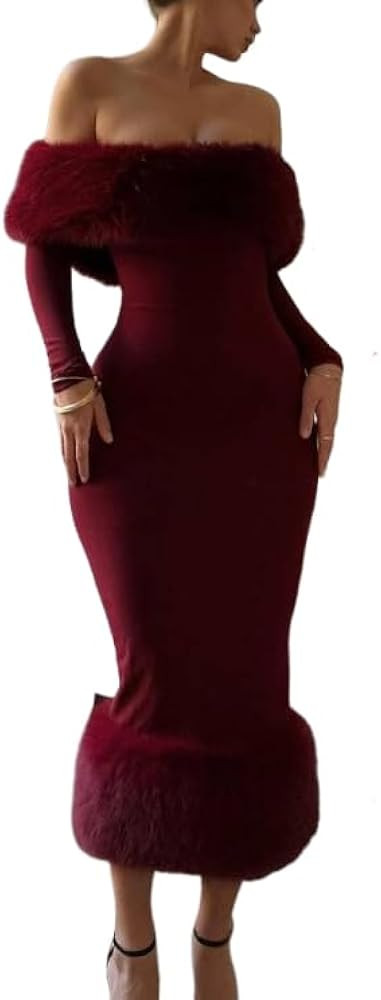 Womens Faux Fur Trim Long Sleeve Midi Dress Sexy Off The Shoulder Bodycon Dresses Evening Gowns | Amazon (US)