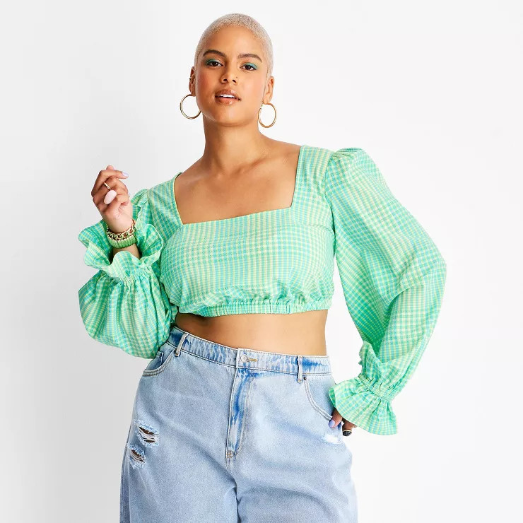 Women's Puff Long Sleeve Square Neck Plaid Crop Top - Future Collective™ with Alani Noelle Gree... | Target