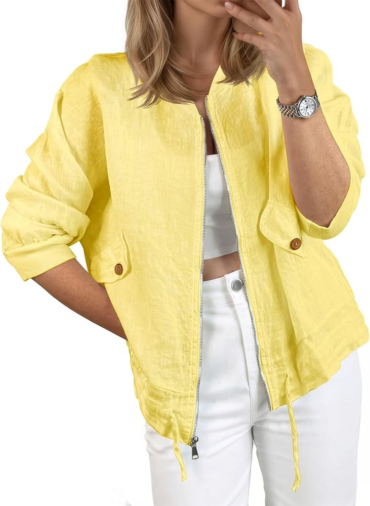 Tankaneo Womens Lightweight Bomber Jackets Casual Zip Up Drawstring Cotton Linen Jacket With Pock... | Amazon (US)