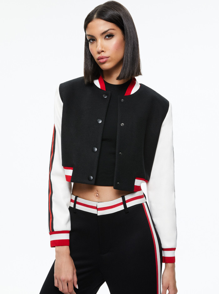 BARTON CROPPED VEGAN LEATHER VARSITY JACKET | Alice + Olivia