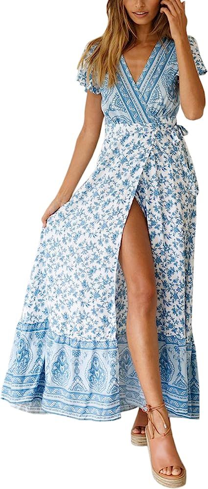 ECOWISH Women's Dresses Bohemian Wrap V Neck Short Sleeve Ethnic Style High Split Beach Maxi Dres... | Amazon (US)