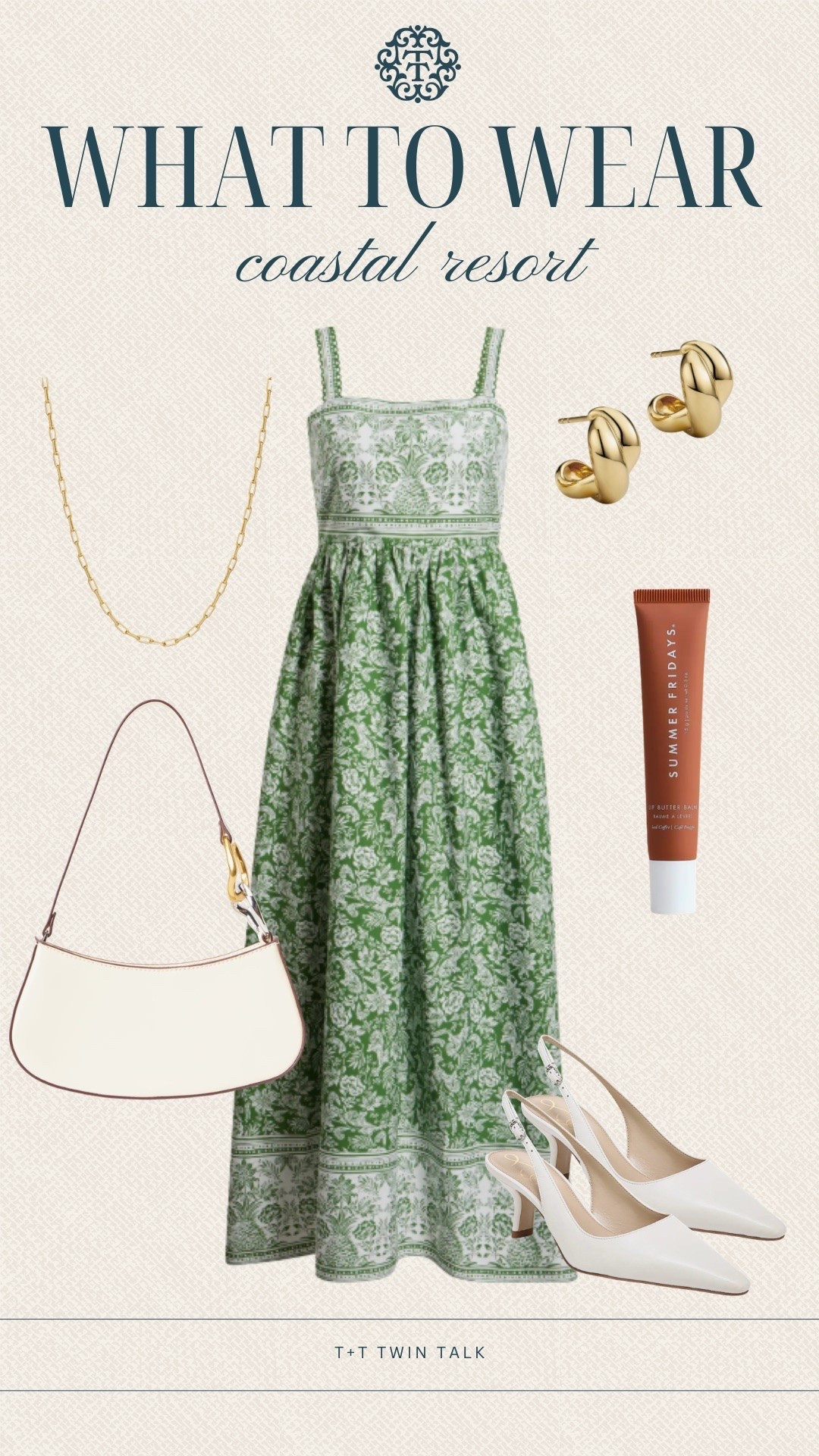 T+T, what to wear! A coastal resort calls for a dress like this one from Nordstrom. White slingback heels, a cream shoulder bag, and gold jewelry keep the look simple and ready for dinner or an evening by the water.

#LTKSeasonal #LTKOver40 #LTKMidsize