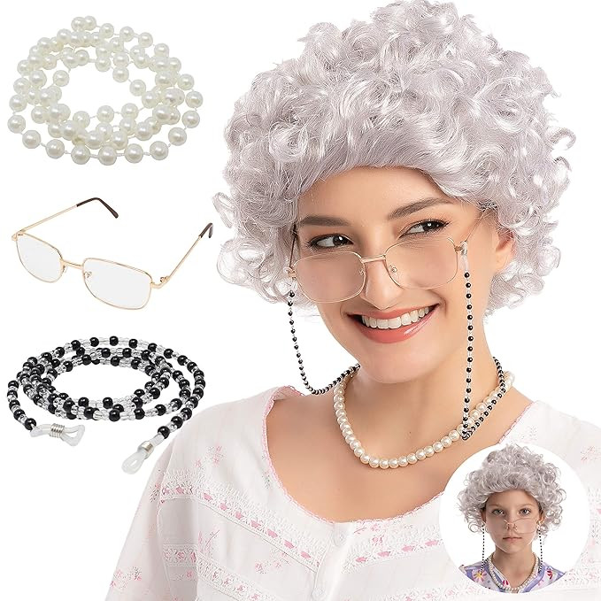 Spooktacular Creations Adult/Child Curly Grey Granny Wig Set with Wig Cap, Glasses, Eyeglass Chai... | Amazon (US)