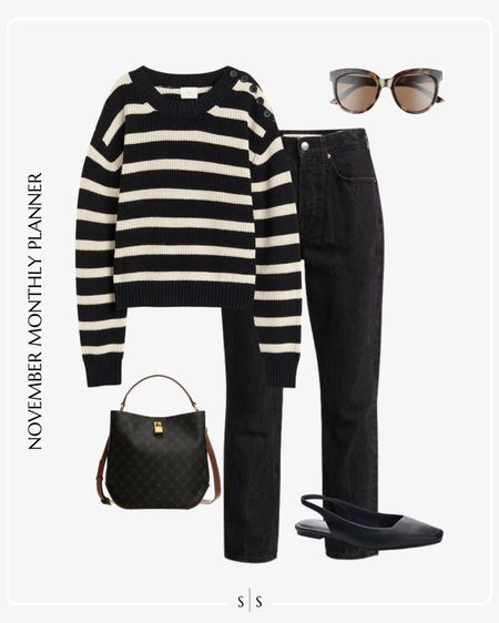 Monthly outfit planner: NOVEMBER Fall and Winter looks | dark stripe crewneck sweater, black straight crop Jean, black Slingback flats, mini shopper bag, sunglasses

See the entire calendar on thesarahstories.com ✨

#LTKstyletip