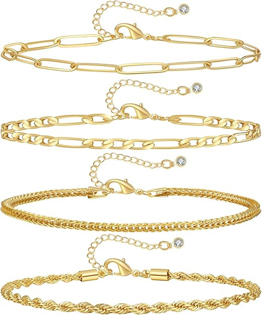 Gold Chain Bracelet Sets for Women 18K Real Gold Dainty Satellite chain Paperclip Snake Herringbo... | Amazon (US)