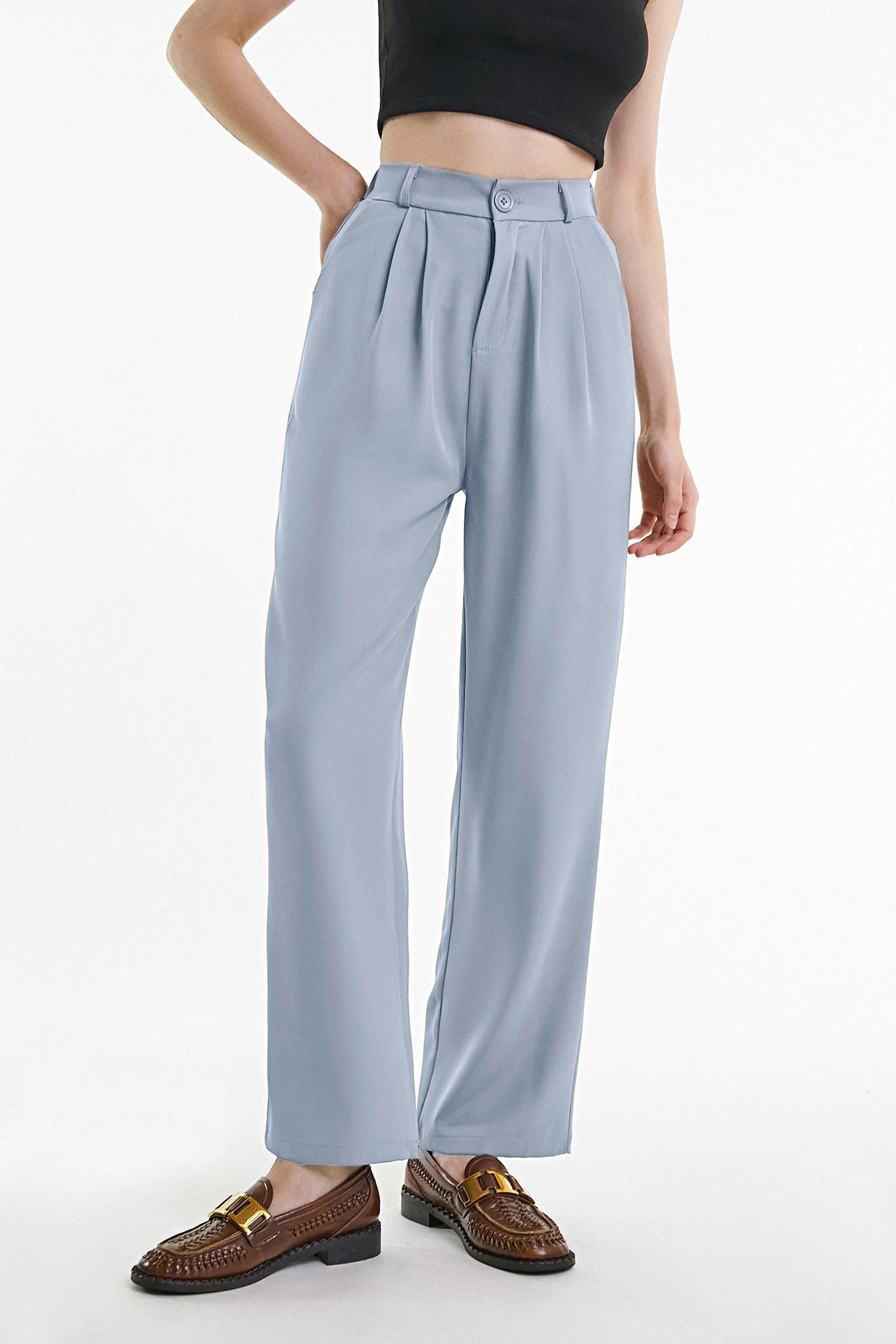 Light Steel Blue  Half Elastic Pleat Detail Wide Leg Suit Pants | J.ING