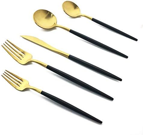 Uniturcky Silverware Set, Hand polished Matte Gold Black Flatware Cutlery Set Service for 4, Sati... | Amazon (US)