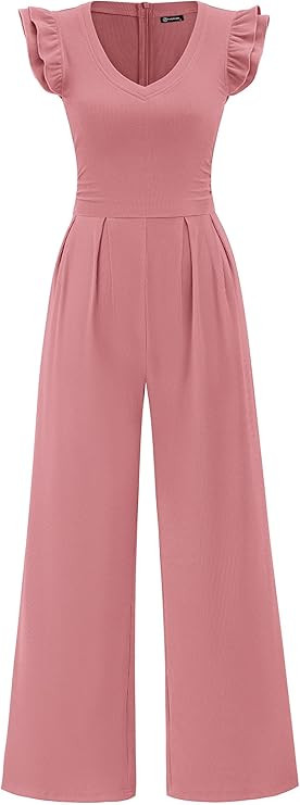 PRETTYGARDEN One Piece Jumpsuits For Women Dressy Ruffle Cap Sleeve V Neck Ribbed Knit Wide Leg R... | Amazon (US)