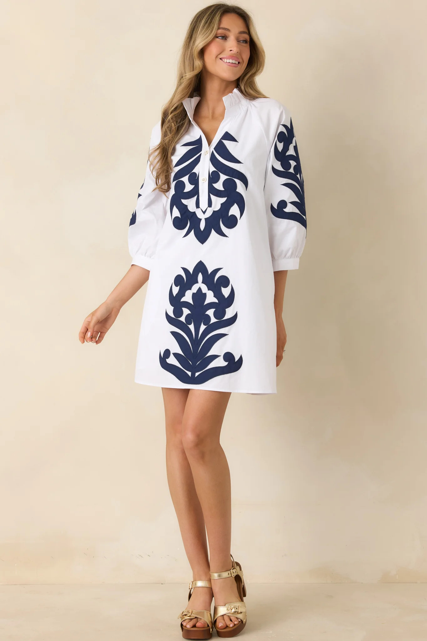 Bold Impressions White & Navy Contrast Detail Tunic Mini Dress | Red Dress